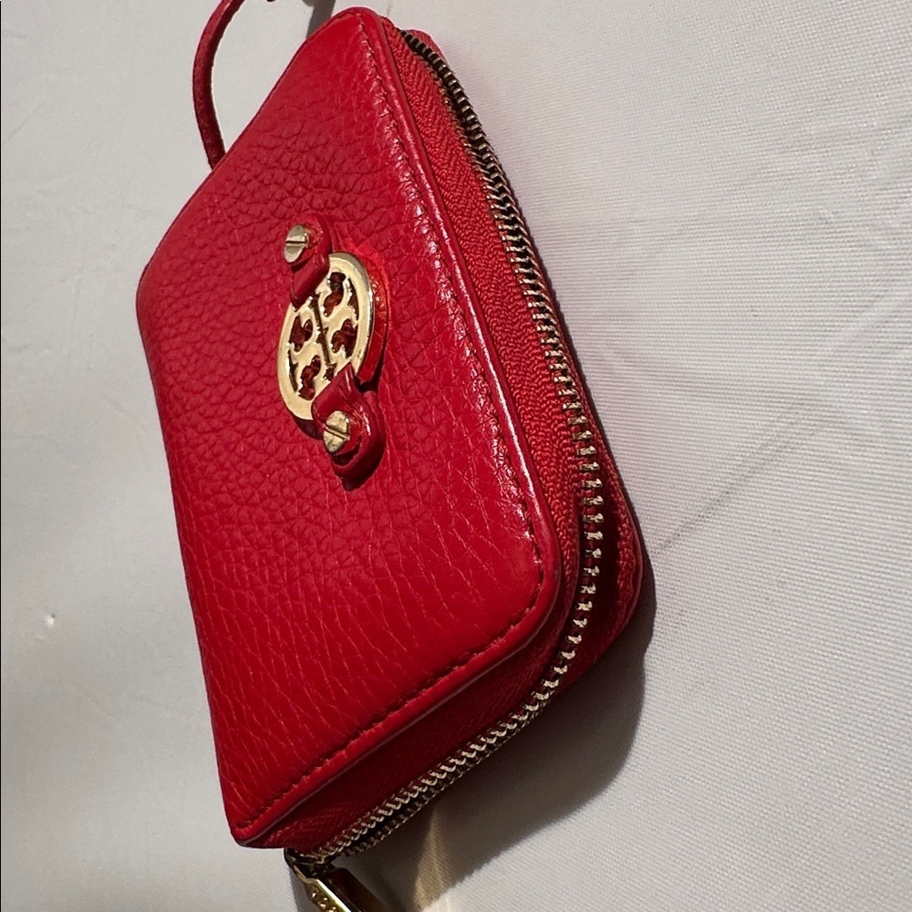 Tory Burch red zip around card coin paper holder with gold hardware key ring - Picture 10 of 11